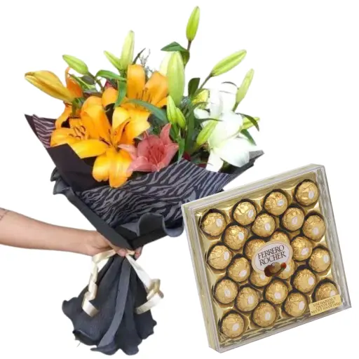 Ramo de flores liliums lirios black con ferrero rocher x 24